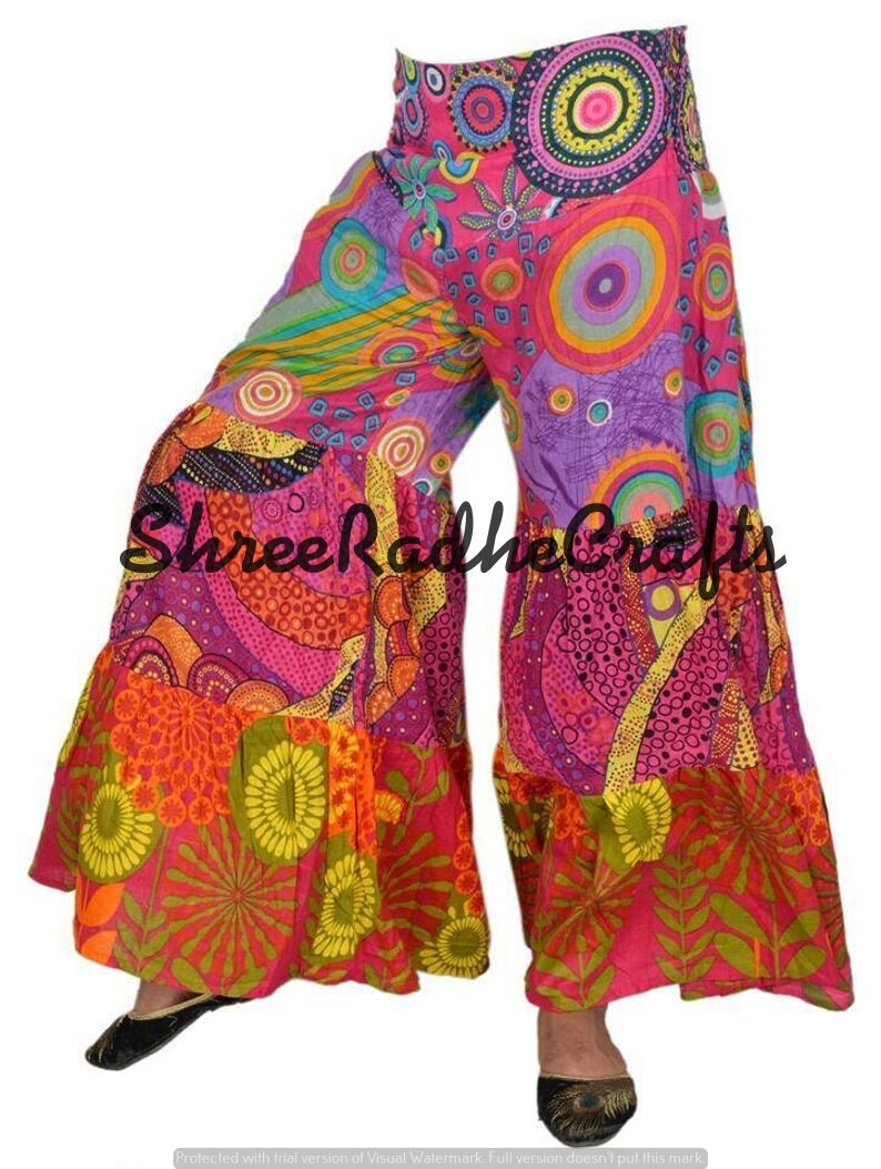 Indian Vintage Silk Sari Fabric Patchwork Palazzo Pants Trousers Full Length Palazzo Multi Color Printed Free Size Waist Trousers
