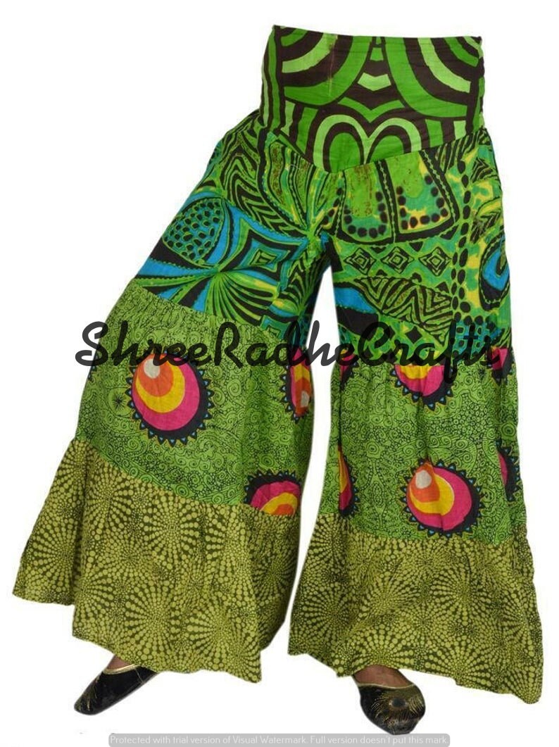Indian Vintage Silk Sari Fabric Patchwork Palazzo Pants Trousers Full Length Palazzo Multi Color Printed Free Size Waist Trousers
