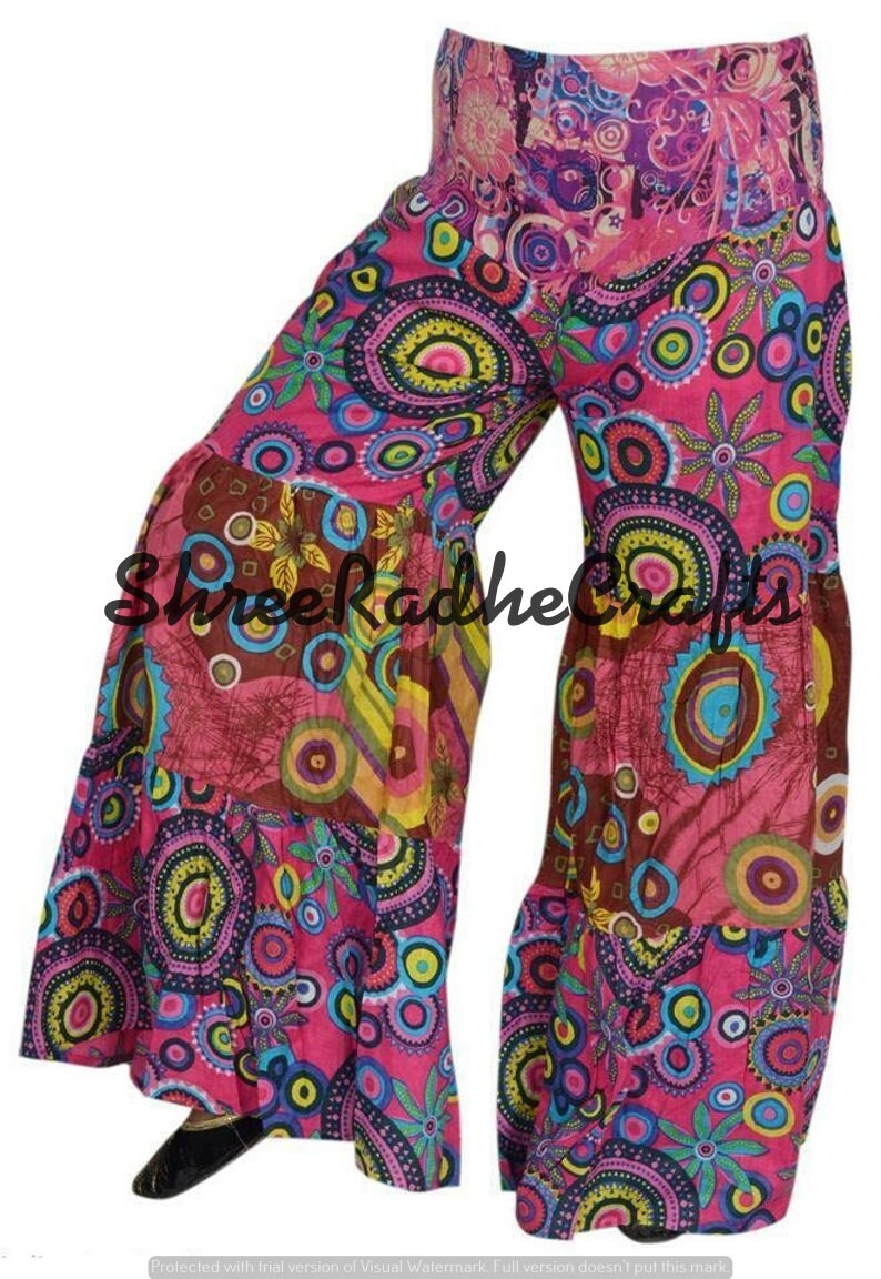 Indian Vintage Silk Sari Fabric Patchwork Palazzo Pants Trousers Full Length Palazzo Multi Color Printed Free Size Waist Trousers
