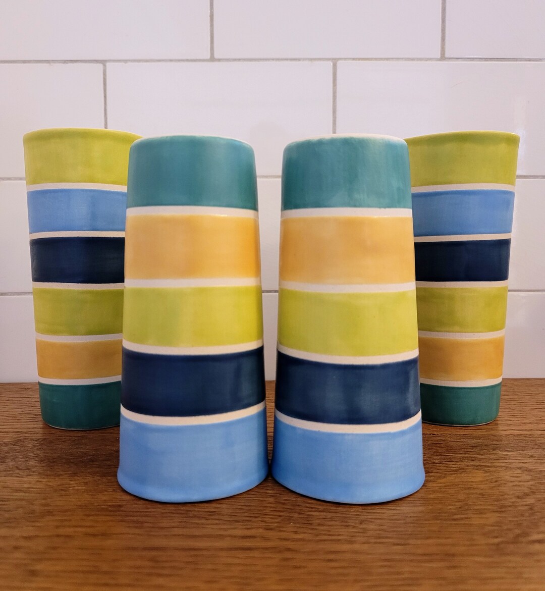 Vintage Mod Inspired Handmade Ceramic Tumblers Set, Slip Casted Ceramic