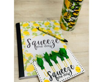 Printable Paperclip Bookmark Gift Card. Teacher appreciation.  "Squeeze the Day" Lemon Theme Paperclip Bookmark Card