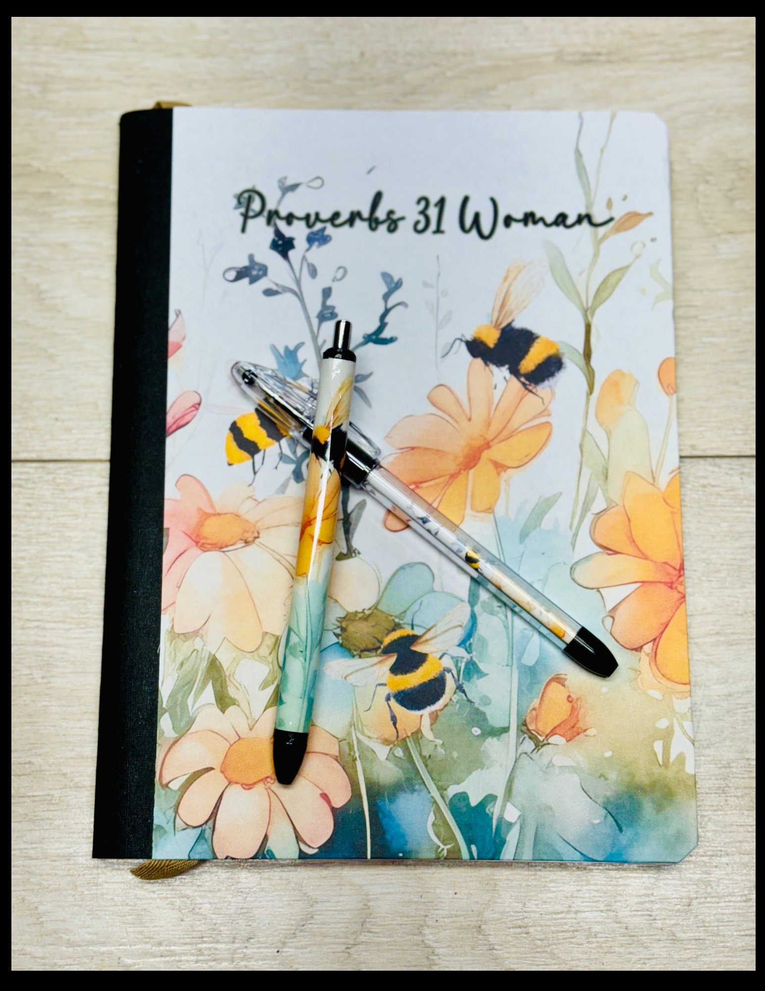 Proverbs 31 Woman Bees & Wildflowers Printable PDF Composition Notebook Graphic.