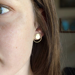Brass Eclipse Earrings, Brass Studs, Sterling Silver Post - Circle Studs, Mixed Metal, Moon Studs, Brass Earrings, Geometric, Silversmithed