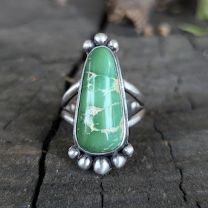 Royston Turquoise Ring, Double Split Band, Sterling Silver, Size 8 - Silversmithed, Green Turquoise, Statement Ring, Unique, Nature Jewelry