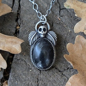 Picasso Jasper Necklace, Skull & Leaves, Sterling Silver - Jasper Skull Necklace, Gothic, Nature, Black Jasper, Memento Mori, Halloween