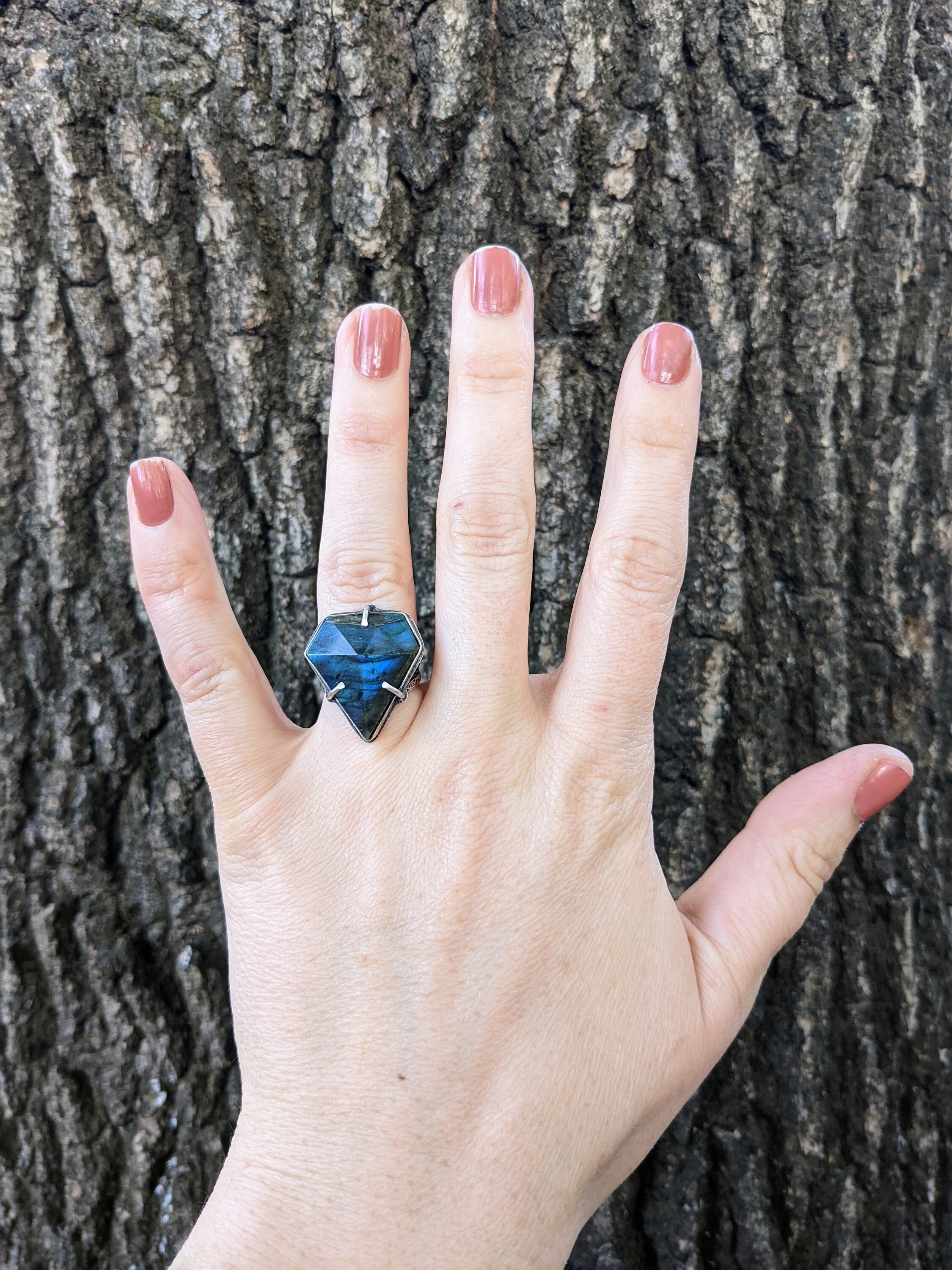 Blue Diamond Labradorite Ring, Double Split Band, Sterling Silver