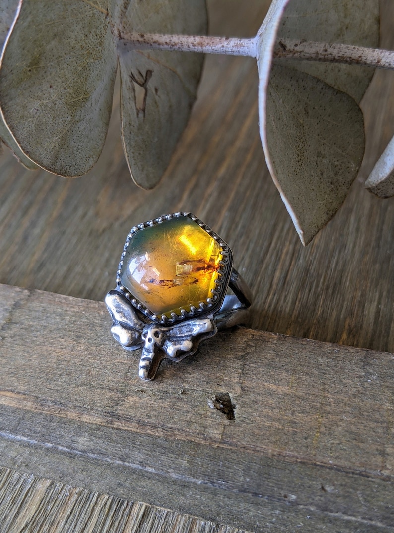 Amber Deathhead Moth Ring Amber Hexagon Hawkmoth Silversmithed Sterling Silver Honey Gothic Jewelry Size 6 Golden Yellow Gemstone