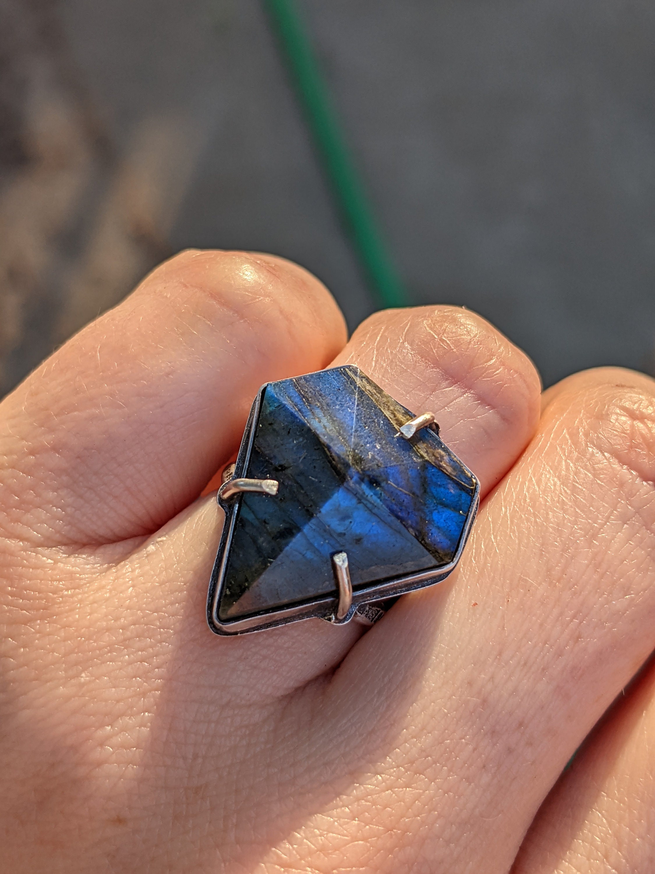Blue Diamond Labradorite Ring, Double Split Band, Sterling Silver