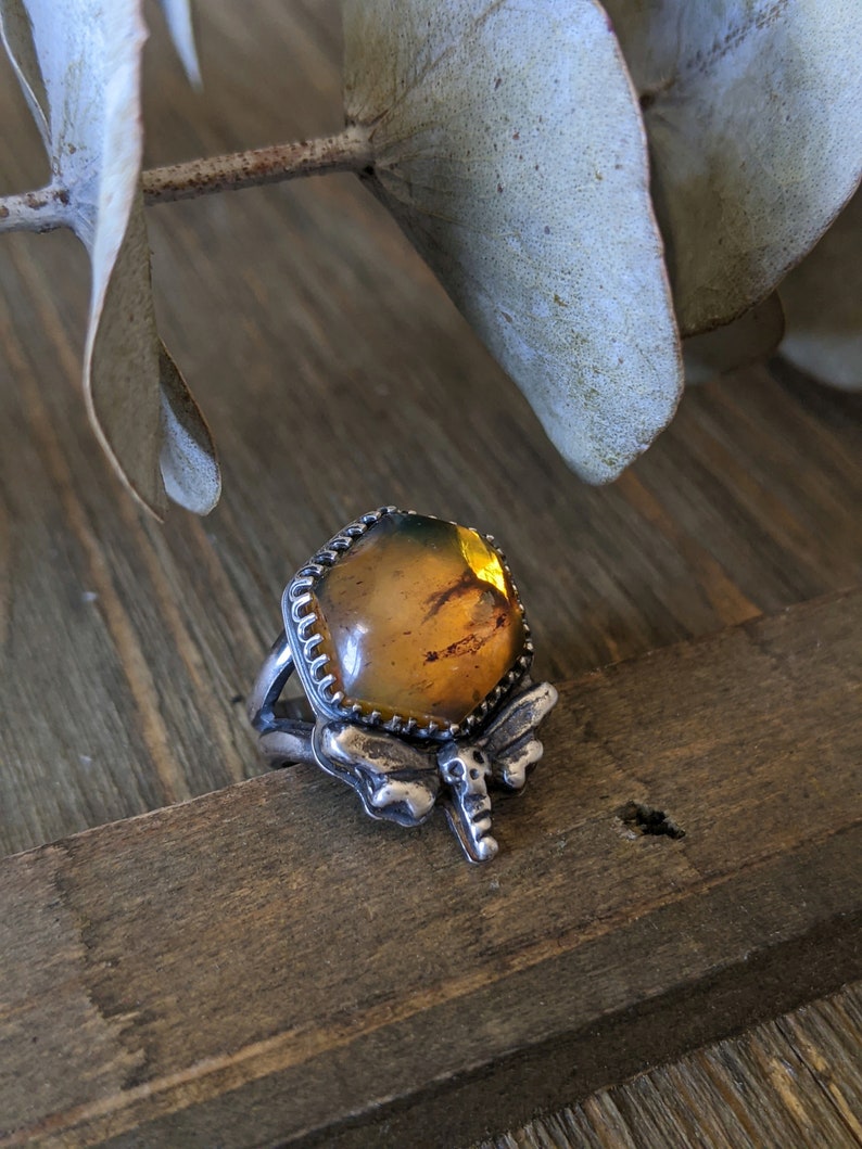 Amber Deathhead Moth Ring Amber Hexagon Hawkmoth Silversmithed Sterling Silver Honey Gothic Jewelry Size 6 Golden Yellow Gemstone