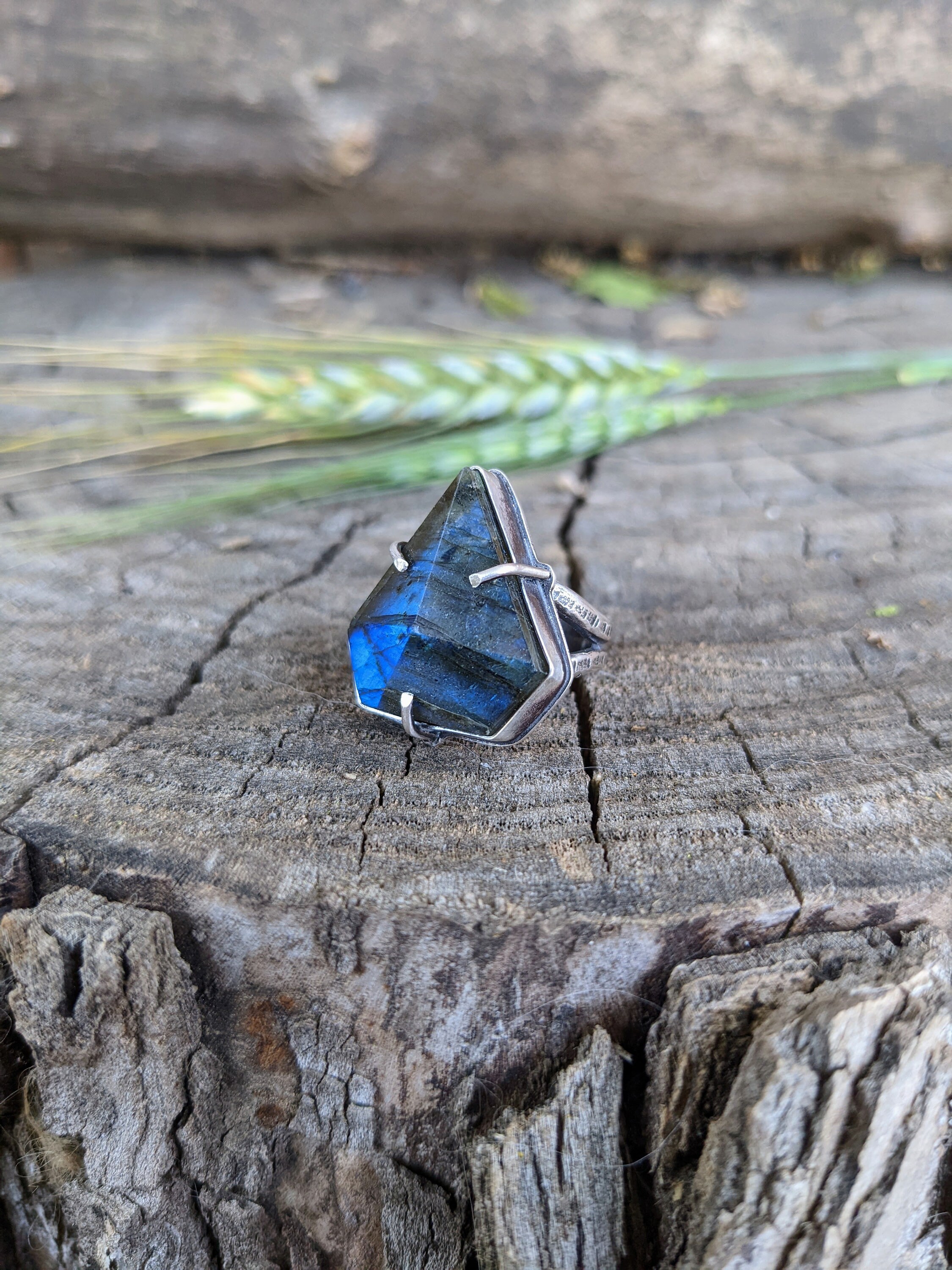 Blue Diamond Labradorite Ring, Double Split Band, Sterling Silver