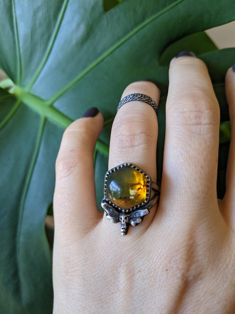 Amber Deathhead Moth Ring Amber Hexagon Hawkmoth Silversmithed Sterling Silver Honey Gothic Jewelry Size 6 Golden Yellow Gemstone