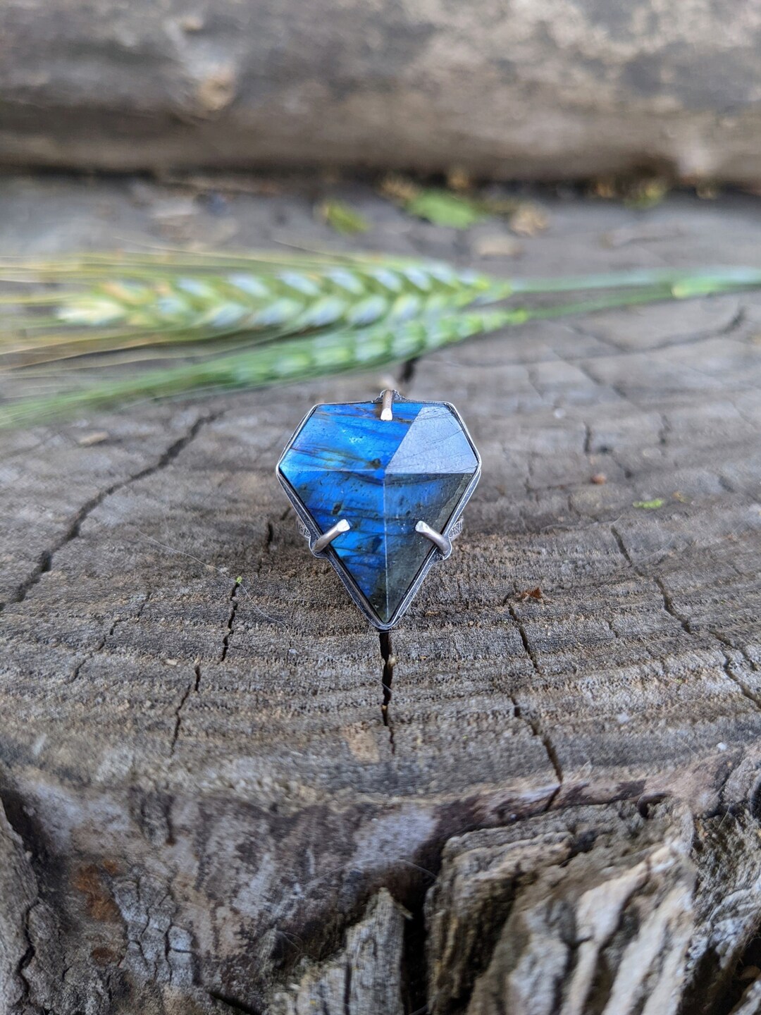 Blue Diamond Labradorite Ring, Double Split Band, Sterling Silver