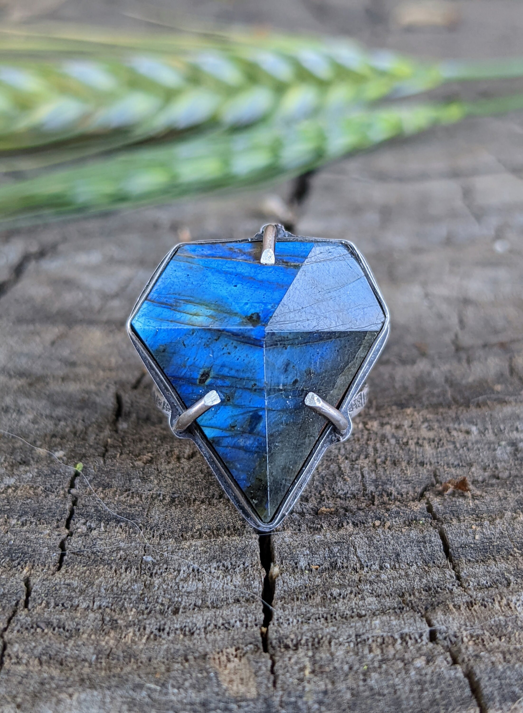 Blue Diamond Labradorite Ring, Double Split Band, Sterling Silver