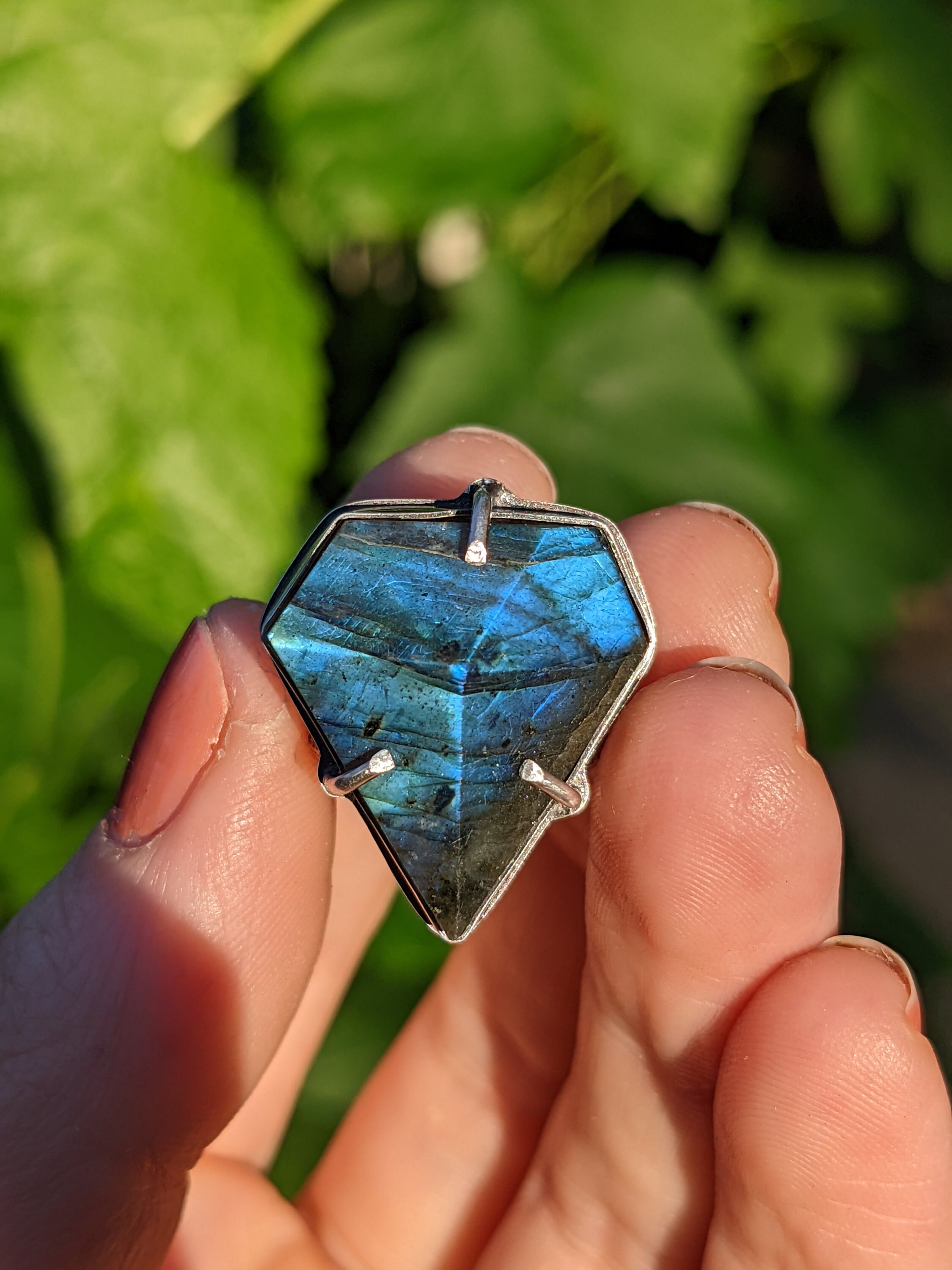 Blue Diamond Labradorite Ring, Double Split Band, Sterling Silver