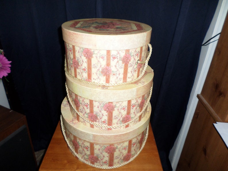 Set Of 3 Round Decorative Rigid Cardboard Hat Boxes Flower Etsy
