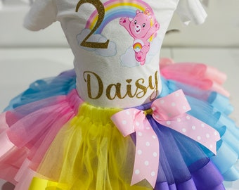 Lindo conjunto de tutú de osos cariñosos, tutú multicolor de osos cariñosos, conjunto de tutú de cumpleañera de osos cariñosos, camisa de cumpleañera de osos cariñosos