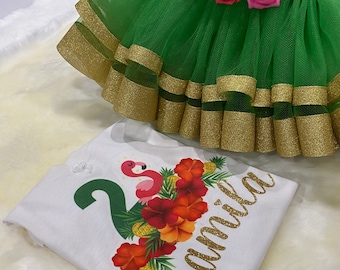 Hermoso conjunto de tutú hawaiano y flamenco, conjunto de tutú de cumpleañera de colores de verano, tutú de cumpleañera hawaiano verde, tutú de niña verde y dorado