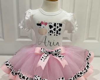 Lindo conjunto de tutú de cumpleaños de vaca, Traje de tutú de cumpleaños de granja, Traje de tutú de corral