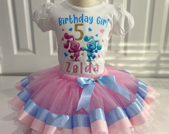 Hermoso conjunto de tutú de Blue's Clues, tutú de cumpleañera rosa de pistas de azul, tutú de cumpleañera azul y rosa
