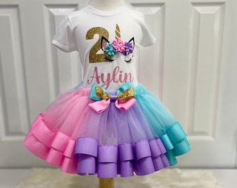 hermoso conjunto de tutú de cumpleañera de unicornio, tutú de colores pastel de unicornio, camisa de cumpleañera de unicornio, tutú multicolor