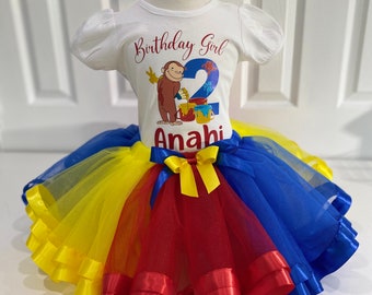 Lindo conjunto de tutú de George el curioso, tutú multicolor de George el curioso, camiseta de niña de cumpleaños de George el curioso