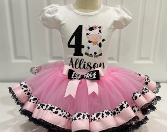 Lindo conjunto de tutú de cumpleañera de vaca, traje de cumpleañera de granja, conjunto de tutú de cumpleañera de granja, tutú de cumpleañera de vaquera, estampado de vaca y tutú rosa