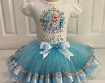 Hermoso conjunto de tutú de Frozen, traje de cumpleañera de Elsa, tutú y camisa de cumpleañera de Frozen