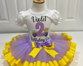 Lindo conjunto de tutú Minions, tutú lila y amarillo, traje de cumpleañera de minions