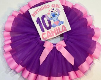 Conjunto de tutú de cumpleañera de puntada, hermoso tutú de puntada lila y rosa