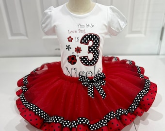 Conjunto de tutú rojo y polkadots, conjunto de tutú de lunares de cumpleañera, conjunto de tutú de mariquita de cumpleañera