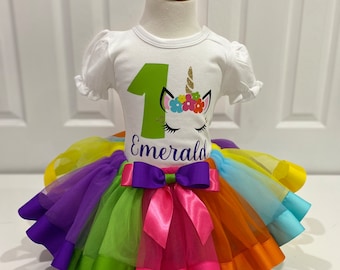 Hermoso conjunto de tutú de unicornio, tutú de cumpleañera multicolor, camisa de cumpleañera de unicornio