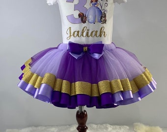 Hermosa Sofía la primera cumpleañera Tutu, traje de princesa Sofía, tutú de cumpleañera de princesa Sofía púrpura y lila