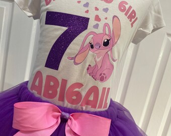 Lindo conjunto de tutú Stitch-Angel, tutú de cumpleañera de ángel, tutú de cumpleañera de puntada púrpura y rosa