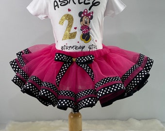 Lindo conjunto de tutú de Minnie Mouse, tutú de minnie mouse rosa fuerte y lunares, camisa de cumpleañera de minnie mouse