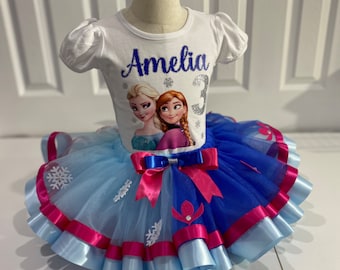Lindo conjunto de tutú congelado, conjunto de tutú de Elsa y Anna, conjunto de tutú congelado azul cielo