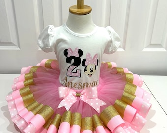 Hermoso conjunto de tutú de Minnie Mouse, traje de cumpleañera de minnie mouse, tutú rosa y dorado de minnie mouse