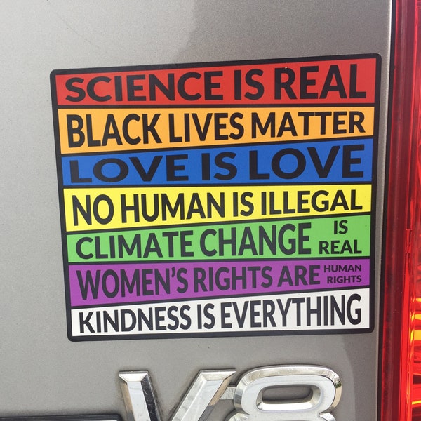 Auto Magnet Science is Real Black Lives Matter Love is Love Where I stand on Social Issues Magnetized Car Decal