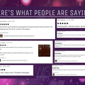 May include: Image featuring customer reviews for stickers. The reviews are displayed in white boxes against a purple background with pink and white bokeh effects. The reviews mention sticker quality, vibrant colors, and fast shipping. The text "HERE'S WHAT PEOPLE ARE SAYING" is at the top.