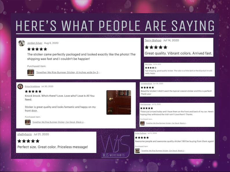 May include: Image featuring customer reviews for stickers. The reviews are displayed in white boxes against a purple background with pink and white bokeh effects. The reviews mention sticker quality, vibrant colors, and fast shipping. The text "HERE'S WHAT PEOPLE ARE SAYING" is at the top.
