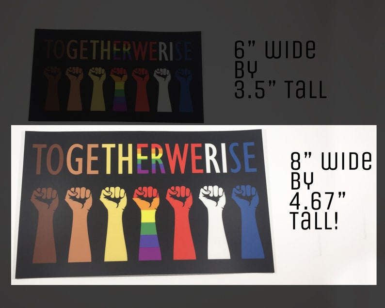 May include: Two black posters with the text "TOGETHER WE RISE" and a row of fists in various colors. The top poster is 6 inches wide by 3.5 inches tall. The bottom poster is 8 inches wide by 4.67 inches tall.