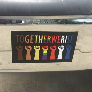 May include: A black sticker with the words "TOGETHER WE RISE" in rainbow colors. Below the text are seven raised fists in various skin tones and rainbow colors, symbolizing unity and diversity.