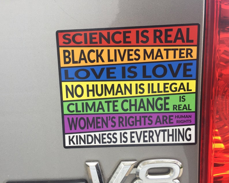Auto Magnet Science is Real Black Lives Matter Love is Love Where I stand on Social Issues Magnetized Car Decal 