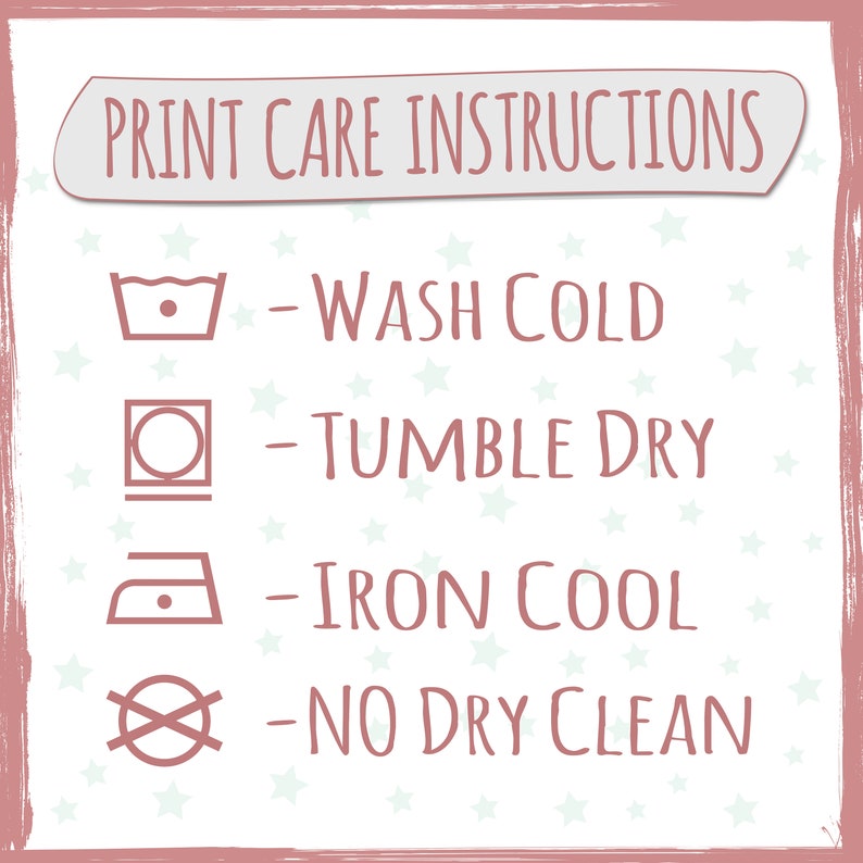 May include: Print care instructions with icons for washing, drying, ironing, and dry cleaning. The instructions state to wash cold, tumble dry, iron cool, and do not dry clean.