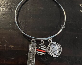 Firefighter Bracelet, Red Line Jewelry, Bangle Bracelet, Maltese Cross Bracelet, Adjustable Silver Bracelet