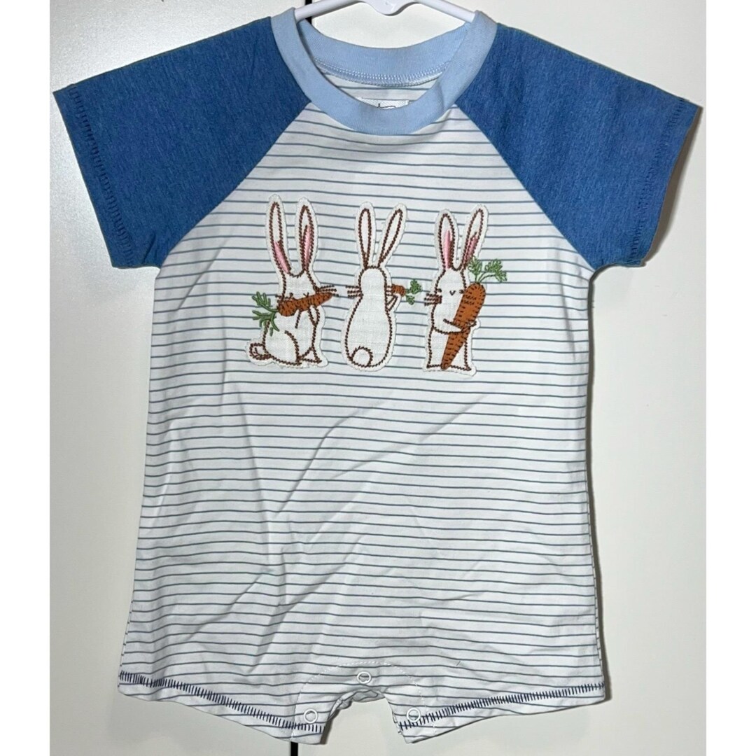 Mud Pie Easter Bunny Rabbit Romper Shortall Jon Jon Applique Egg Hunt 3 ...