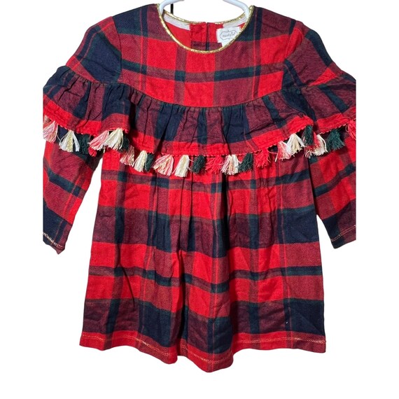 Mud Pie Red Green Blue Christmas PLAID TASSEL Ruffle DRESS Holiday