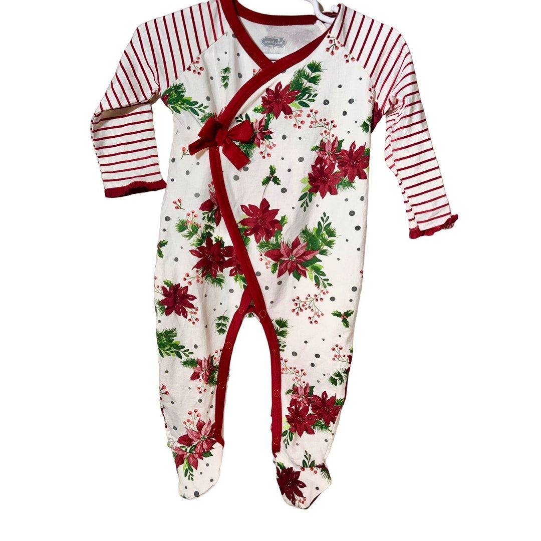 Mud Pie Poinsettia Christmas Footed Sleeper Kimono Footie NWT 03m 36m