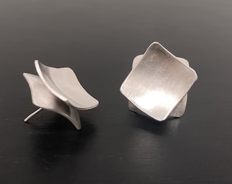 Asymmetrical square studs. Sterling silver earrings . One of a kind bold statement gift.