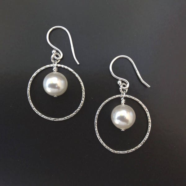 Classic Dangle Pearl in Silver Texture Hoops Earrings. Gifts for Mom, Wife, Girlfriend