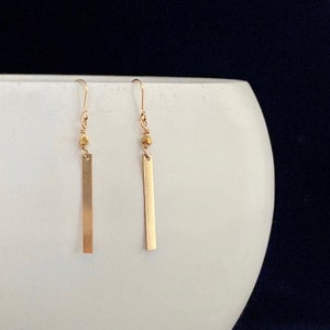 14K gold dangle earrings. Geometric minimalist earrings. Skinny bar earrings gifts.